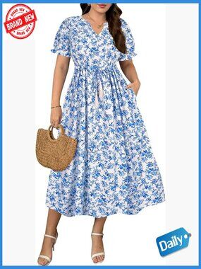 Plus Size Midi Dress Boho V Neck Flowy with Drawstring Tassel